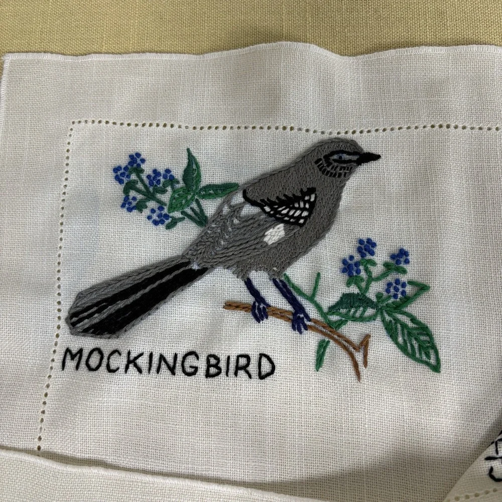 Set of 6 Vtg Hand Embroidered Table Mats Birds GrannyCore Farmhouse Decor OOAK